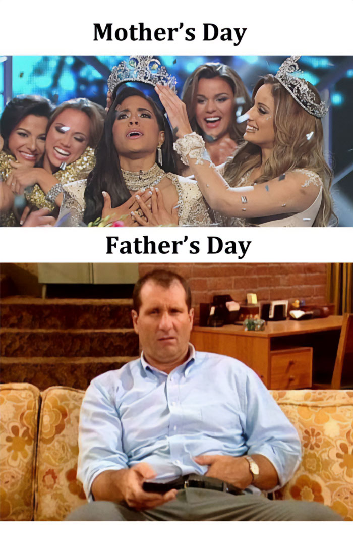 Meme of the day: The image is split into two sections. The top section, labeled "Mother's Day," shows a jubilant scene with a woman being crowned and celebrated by a group of happy people. The bottom section, labeled "Father's Day," shows a man with a bored and unimpressed expression sitting on a couch, holding a remote control. The meme humorously contrasts the enthusiastic celebration of Mother's Day with the more subdued, often overlooked nature of Father's Day.