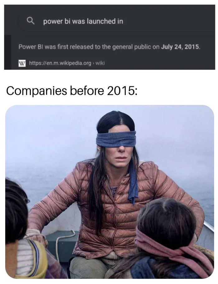 Meme of the day: The top part of the image shows a search result stating, "Power BI was first released to the general public on July 24, 2015." Below this, the text reads, "Companies before 2015:" followed by an image from the movie "Bird Box" showing Sandra Bullock wearing a blindfold while sitting in a boat with two children, also blindfolded, implying that companies were operating blindly before the release of Power BI.