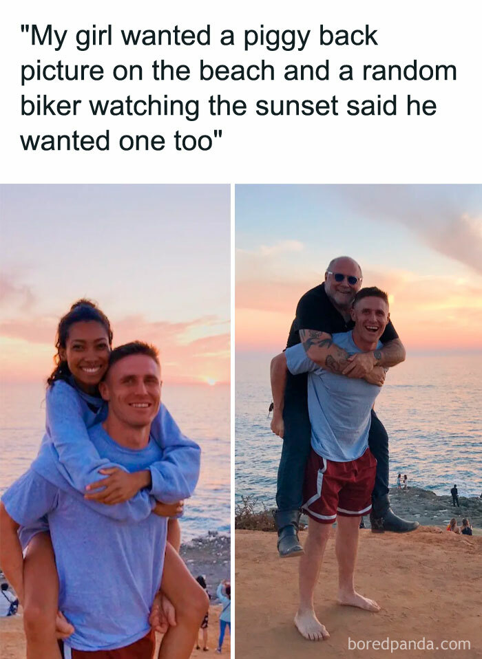 Meme of the day: The image is split into two photos. On the left, a woman is giving a piggyback ride to her boyfriend on the beach during sunset. On the right, the same man is giving a piggyback ride to an older, bald man who appears to be a random biker. The text above the images reads, "My girl wanted a piggyback picture on the beach and a random biker watching the sunset said he wanted one too." The meme humorously captures the spontaneity and fun of the unexpected moment.