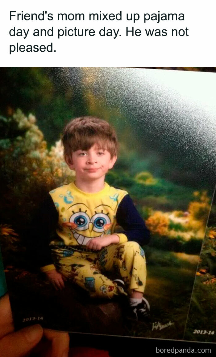 Meme of the day: The image shows a young boy sitting for a school portrait, looking unimpressed and wearing bright yellow SpongeBob SquarePants pajamas. The text above the image reads, "Friend's mom mixed up pajama day and picture day. He was not pleased." The meme humorously highlights the mix-up and the boy's displeasure at being photographed in pajamas instead of regular clothes.