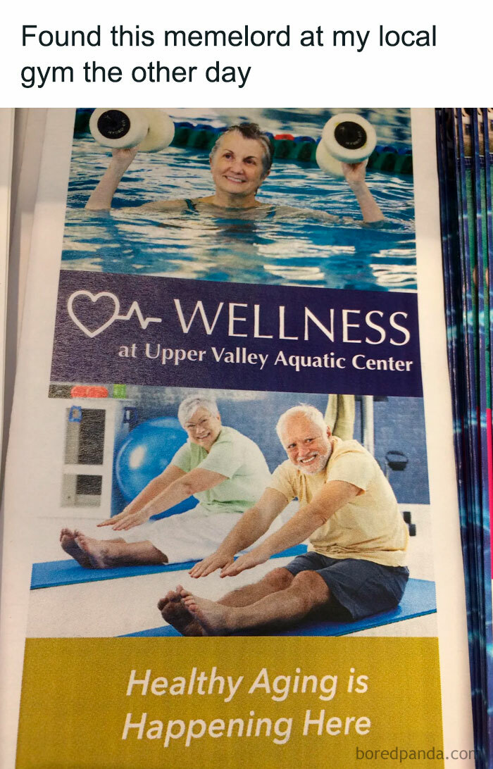 The image shows a flyer from the Upper Valley Aquatic Center featuring elderly individuals participating in exercise activities. The top part of the flyer shows a woman in a pool holding aquatic dumbbells. Below this, two elderly men are stretching on exercise mats. The text on the flyer reads, "WELLNESS at Upper Valley Aquatic Center" and "Healthy Aging is Happening Here." Above the flyer, the text reads, "Found this memelord at my local gym the other day." The meme humorously highlights the promotional material found at a gym.