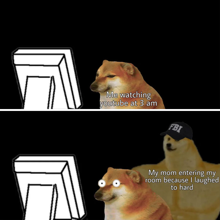 A Mom meme featuring two panels with Doge characters. The first panel shows a Shiba Inu dog watching a computer screen, with the text "Me watching YouTube at 3 am." The second panel shows a larger Doge, wearing an FBI hat, suddenly appearing behind the first dog, with the text "My mom entering my room because I laughed too hard," humorously depicting a mom's sudden entrance when a child makes noise late at night.