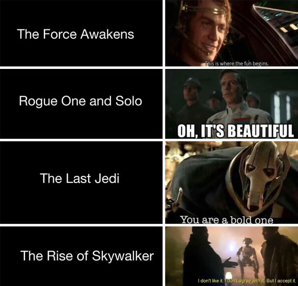 A Star Wars meme that humorously summarizes reactions to different Star Wars movies. The meme is divided into four sections, each comparing a movie or set of movies with a corresponding image from Star Wars scenes: The Force Awakens: On the right, an image of Anakin Skywalker smiling in his starfighter with the caption, "This is where the fun begins," reflects the excitement and anticipation for the start of the new trilogy. Rogue One and Solo: The accompanying image shows Director Krennic from Rogue One saying, "OH, IT'S BEAUTIFUL," representing fans' appreciation for these standalone films. The Last Jedi: The image shows General Grievous with the caption, "You are a bold one," representing the bold and controversial nature of the movie. The Rise of Skywalker: The final image shows a character saying, "I don't like it, I don't agree with it, but I accept it," capturing the mixed feelings many fans had towards the conclusion of the Skywalker saga. The meme uses these quotes to humorously convey varying fan reactions to different entries in the Star Wars franchise.