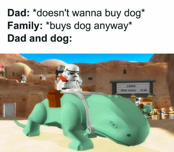 A Star Wars meme featuring a LEGO Star Wars scene. The text above the image reads, "Dad: doesn't wanna buy dog Family: buys dog anyway Dad and dog:" Below the text is an image of a LEGO Stormtrooper riding a large green LEGO creature, which humorously represents the dad bonding with the dog despite initially not wanting to get one. The meme uses the Star Wars theme and LEGO characters to illustrate how dads often end up loving the family pet they were initially reluctant to adopt.