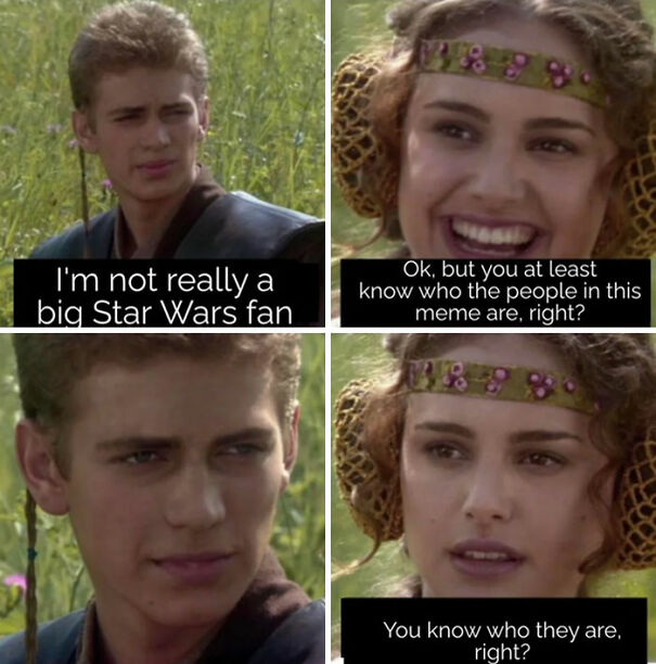 A Star Wars meme featuring four panels from a scene in "Star Wars: Episode II - Attack of the Clones" with Anakin Skywalker and Padmé Amidala. The first panel shows Anakin with a neutral expression and the text, "I'm not really a big Star Wars fan." The second panel shows Padmé smiling with the text, "Ok, but you at least know who the people in this meme are, right?" The third panel shows Anakin with a slightly concerned look, no text. The fourth panel shows Padmé with a more serious expression and the text, "You know who they are, right?" This Star Wars meme humorously plays on the assumption that everyone recognizes iconic Star Wars characters, using the famous interaction format between Anakin and Padmé.