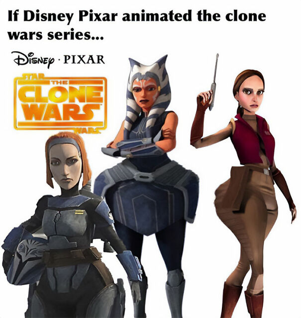 A Star Wars meme depicting what characters from "The Clone Wars" animated series might look like if they were animated by Disney Pixar. The image features stylized versions of Ahsoka Tano, Bo-Katan Kryze, and Padmé Amidala with exaggerated Pixar-style features. The text at the top reads, "If Disney Pixar animated the clone wars series..." with the Disney Pixar and Star Wars: The Clone Wars logos above the characters.