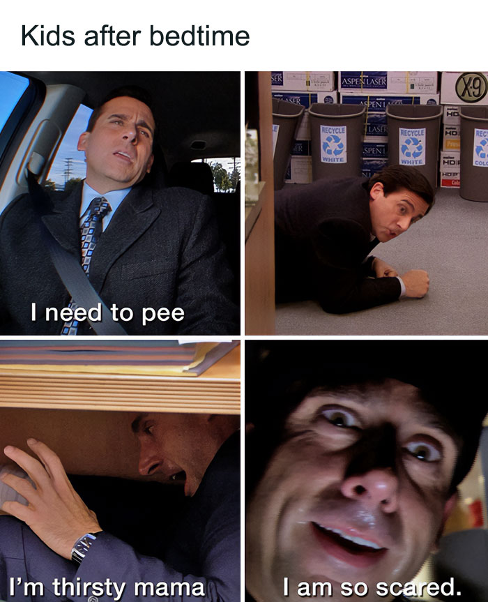 A "The Office" meme featuring four images of Michael Scott in various situations. The text above the images reads, "Kids after bedtime." The first image shows Michael in a car, saying, "I need to pee." The second image shows him lying on the office floor, saying, "I am so scared." The third image shows him under a desk, saying, "I'm thirsty mama." The fourth image is a close-up of his face with a distressed expression, saying, "I am so scared." The meme humorously portrays the excuses children make to avoid going to bed.