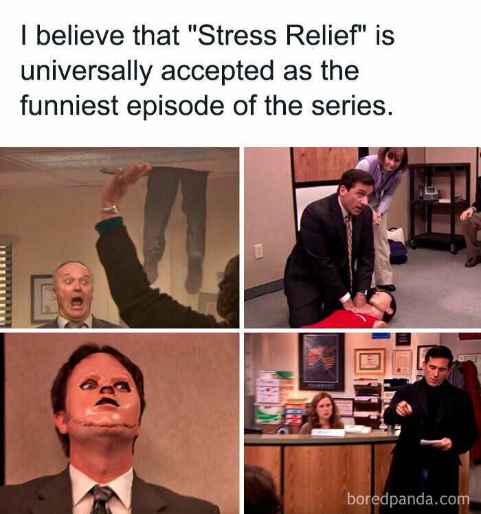 A "The Office" meme featuring four images from the "Stress Relief" episode. The text above the images reads, "I believe that 'Stress Relief' is universally accepted as the funniest episode of the series." The top left image shows Creed Bratton looking shocked with a pair of legs hanging from the ceiling. The top right image shows Michael Scott performing CPR on a dummy. The bottom left image shows Dwight Schrute wearing the dummy's face like a mask. The bottom right image shows Michael reading from a piece of paper in front of the office staff. The meme highlights memorable and hilarious moments from this episode.