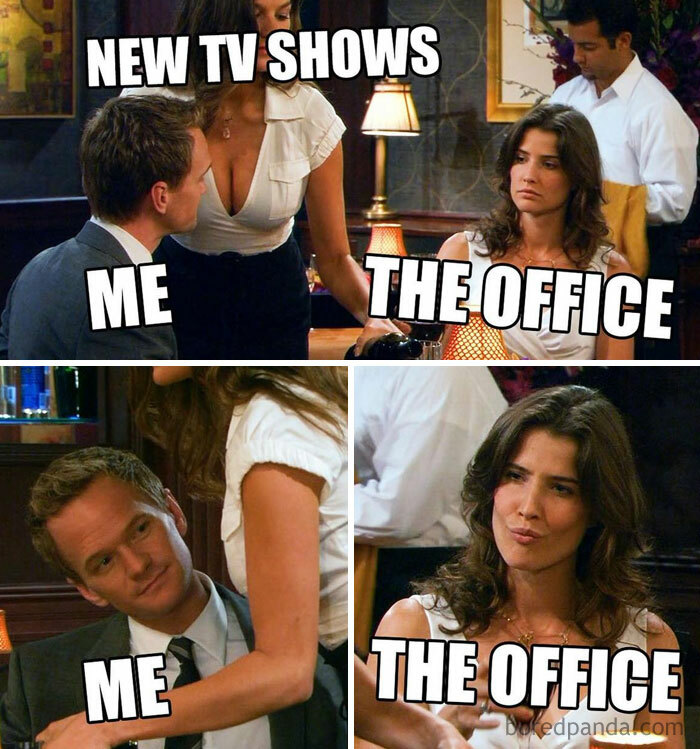 A "The Office" meme featuring two scenes from "How I Met Your Mother." The top image shows Barney Stinson (labeled "ME") looking up at a waitress (labeled "NEW TV SHOWS") while Robin Scherbatsky (labeled "THE OFFICE") looks annoyed in the background. The bottom image shows Barney leaning into the waitress, smiling, with Robin still looking unimpressed. The meme humorously captures the idea of being tempted by new TV shows but ultimately preferring "The Office."