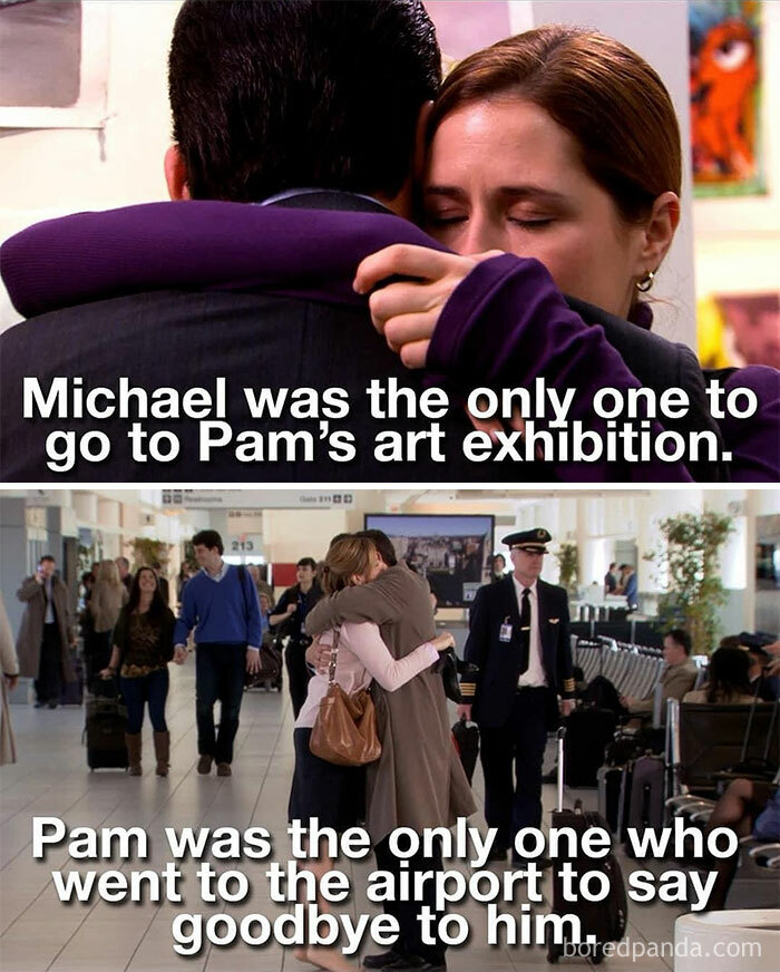 A "The Office" meme featuring two emotional scenes. The top image shows Pam Beesly hugging Michael Scott tightly, with the text, "Michael was the only one to go to Pam’s art exhibition." The bottom image shows Pam hugging Michael goodbye at the airport, with the text, "Pam was the only one who went to the airport to say goodbye to him." The meme highlights the deep bond and mutual support between Pam and Michael.