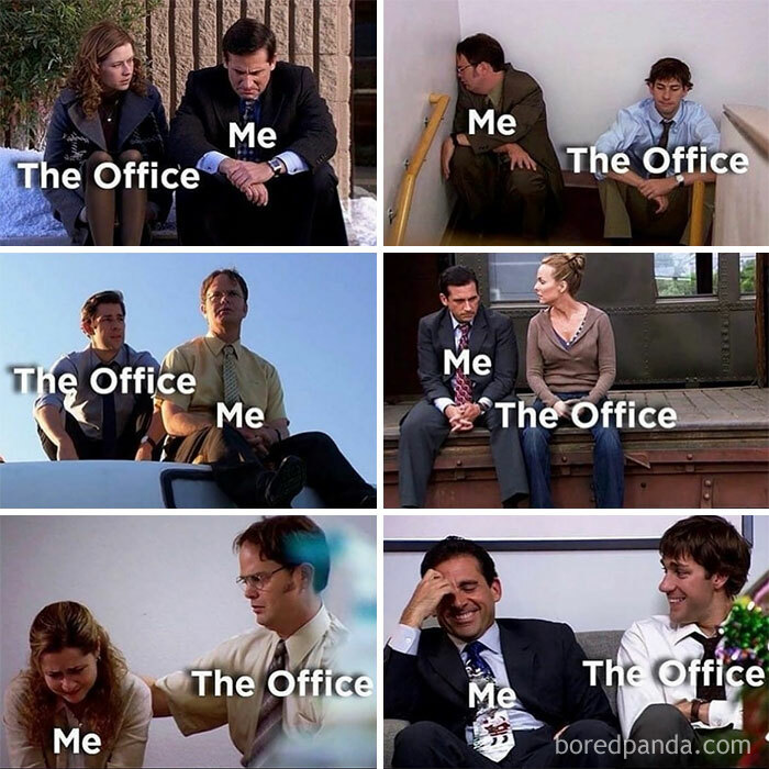 A "The Office" meme featuring six scenes from the show, each with text labels "Me" and "The Office." Top left: Pam Beesly sitting outside with Michael Scott, labeled "The Office" and "Me" respectively. Top right: Dwight Schrute and Jim Halpert sitting on stairs, labeled "Me" and "The Office" respectively. Middle left: Dwight Schrute and Michael Scott sitting on a roof, labeled "The Office" and "Me" respectively. Middle right: Michael Scott sitting next to Jan Levinson, labeled "Me" and "The Office" respectively. Bottom left: Pam Beesly comforting Dwight Schrute, labeled "Me" and "The Office" respectively. Bottom right: Michael Scott laughing with Jim Halpert, labeled "Me" and "The Office" respectively. The meme humorously depicts how watching "The Office" can provide comfort and companionship during various emotional moments.