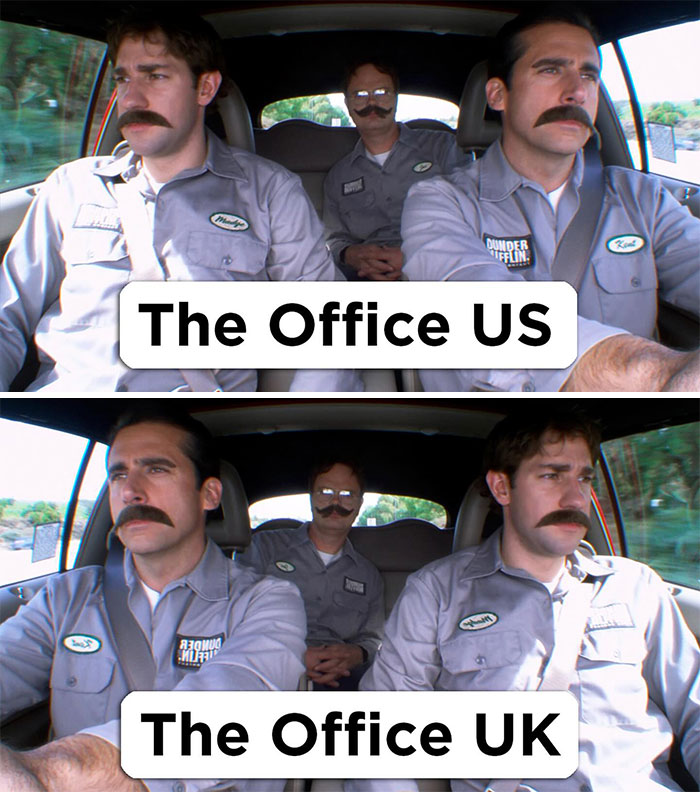  A "The Office" meme featuring two identical images of Jim Halpert, Dwight Schrute, and Michael Scott sitting in a car, all wearing fake mustaches. The top image is labeled "The Office US," and the bottom image is labeled "The Office UK." The meme humorously compares the American and British versions of the show, despite the identical content depicted.