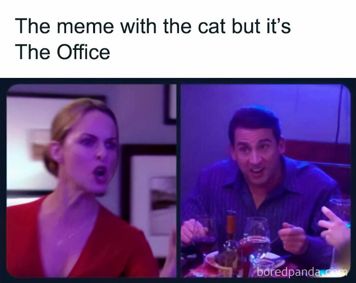 A "The Office" meme parodying the popular "woman yelling at cat" meme. The left image shows Jan Levinson angrily shouting, and the right image shows Michael Scott sitting at a dinner table with a surprised and confused expression. The text above the images reads, "The meme with the cat but it’s The Office."