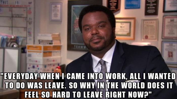 A "The Office" meme featuring Darryl Philbin sitting in his office with a contemplative expression. The text at the bottom reads, "'Everyday when I came into work, all I wanted to do was leave. So why in the world does it feel so hard to leave right now?'" The meme captures a poignant moment reflecting on the bittersweet nature of leaving a familiar place.