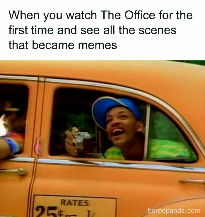 A "The Office" meme featuring an image of Will Smith from "The Fresh Prince of Bel-Air," excitedly leaning out of a car window with a camera in hand. The text above the image reads, "When you watch The Office for the first time and see all the scenes that became memes."