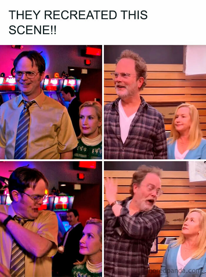 A "The Office" meme featuring two pairs of images. The top left image shows Dwight Schrute and Angela Martin in a scene from the show, and the top right image shows the actors Rainn Wilson and Angela Kinsey recreating the scene in present day. The bottom left image shows Dwight Schrute doing a specific motion, and the bottom right image shows Rainn Wilson recreating the same motion. The text at the top reads, "THEY RECREATED THIS SCENE!!"