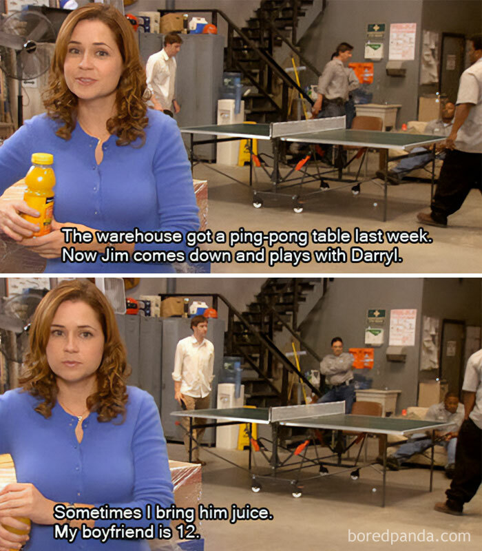 A "The Office" meme featuring two images of Pam Beesly in the warehouse, holding a bottle of juice. In the background, Jim Halpert is playing ping-pong with Darryl Philbin. The first image has the subtitle, "The warehouse got a ping-pong table last week. Now Jim comes down and plays with Darryl." The second image continues with Pam saying, "Sometimes I bring him juice. My boyfriend is 12." The scene humorously highlights Jim's enthusiasm for ping-pong.