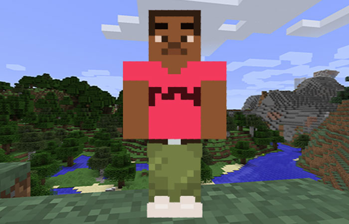 "A Minecraft character designed to resemble Tyler The Creator Mugshot, wearing a pink shirt and green pants, standing in a blocky outdoor landscape."