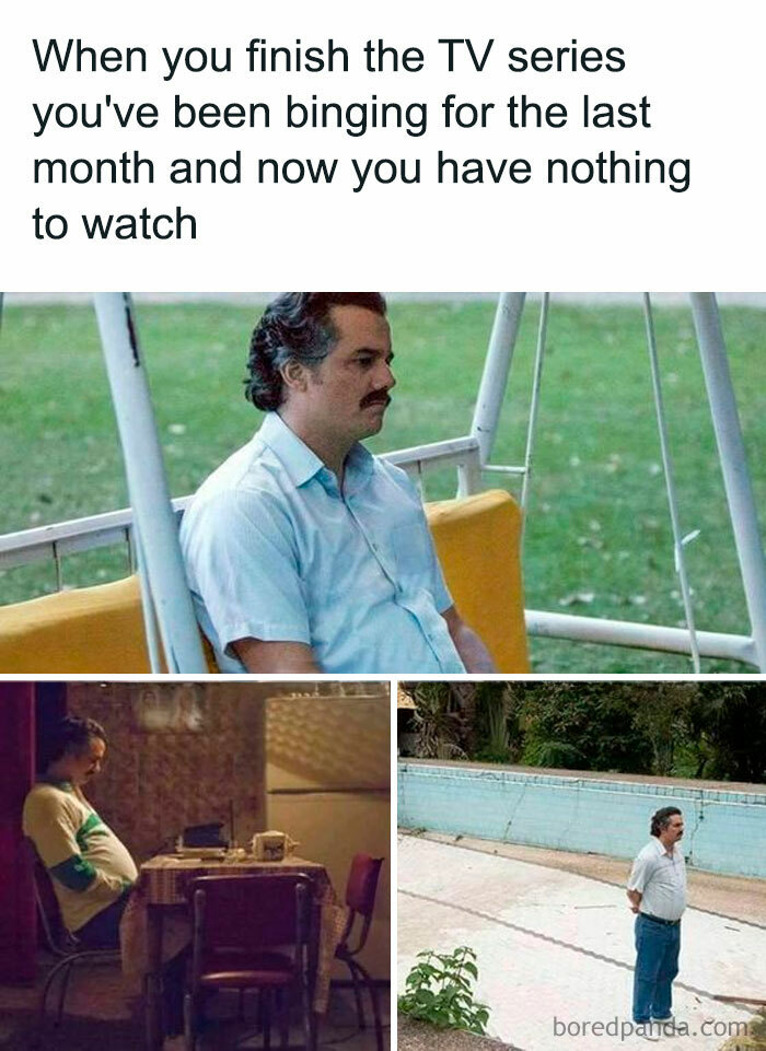 A Waiting meme featuring three images of a man looking bored and contemplative in different locations: sitting alone on a swing, sitting at a table, and standing in an empty pool area. The text above the images reads, "When you finish the TV series you've been binging for the last month and now you have nothing to watch," humorously capturing the feeling of emptiness and waiting after completing a long binge-watching session.