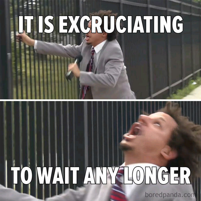 A Waiting meme featuring two images of a man in a suit looking frustrated and yelling. In the first image, he is gripping the bars of a fence, and in the second, he is looking upward with his mouth wide open in agony. The text overlay reads, "IT IS EXCRUCIATING TO WAIT ANY LONGER," humorously conveying the intense frustration of having to wait.