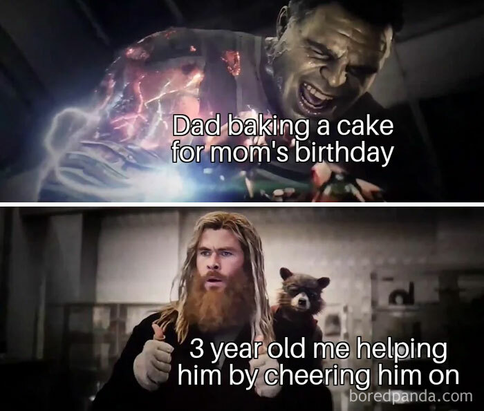 A "You can do it" meme featuring two scenes from the Avengers movies. The top image shows the Hulk struggling intensely, with the text overlaying it that reads, "Dad baking a cake for mom's birthday." The bottom image shows Thor with a surprised and determined expression, holding Rocket Raccoon, with the text, "3 year old me helping him by cheering him on." The meme humorously compares the difficulty of baking a cake to a superhero's struggle, with the child's encouragement acting as support, emphasizing the theme of teamwork and encouragement.