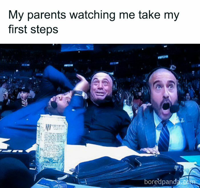 A "You can do it" meme featuring a scene of three sports commentators reacting with extreme excitement and surprise. The text above the image reads, "My parents watching me take my first steps." The meme humorously exaggerates the reaction of parents witnessing a significant milestone, comparing it to the over-the-top reactions of commentators at a sports event, emphasizing the pride and excitement parents feel in their child's achievements.