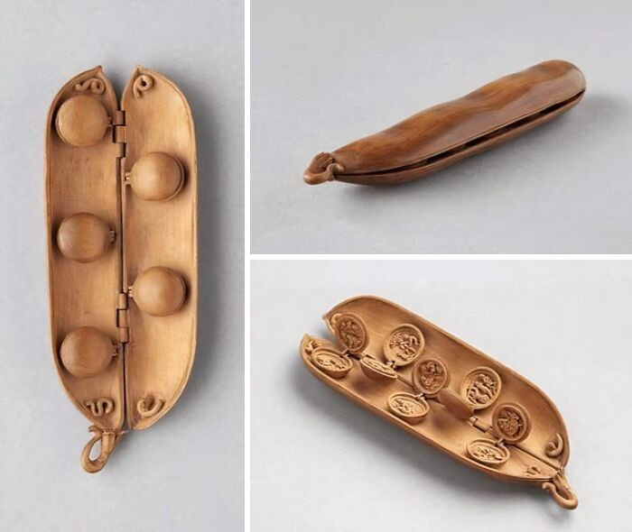 This Tiny Boxwood Peapod (10 Cm) Was Carved In C. 1500 By A North German Artist. It Opens To Reveal Little Peas, And Then Those Peas Open To Reveal Ten Little Carved Scenes From Genesis