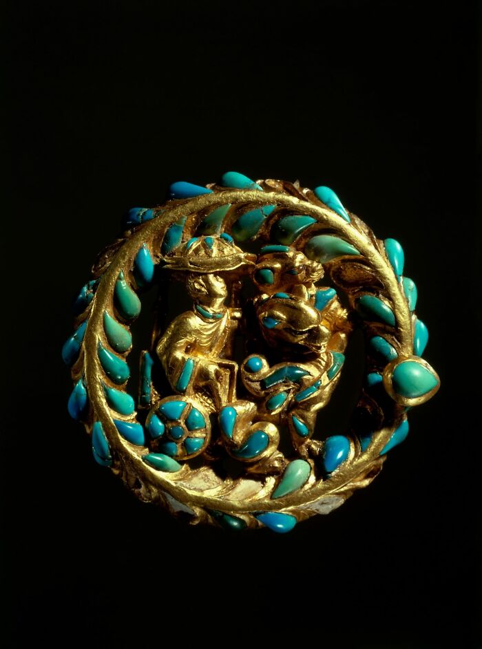 This Remarkable Gold Buckle, Adorned With Turquoise Inlays, Offers A Captivating Glimpse Into The Rich Cultural Fusion Of Ancient Bactria