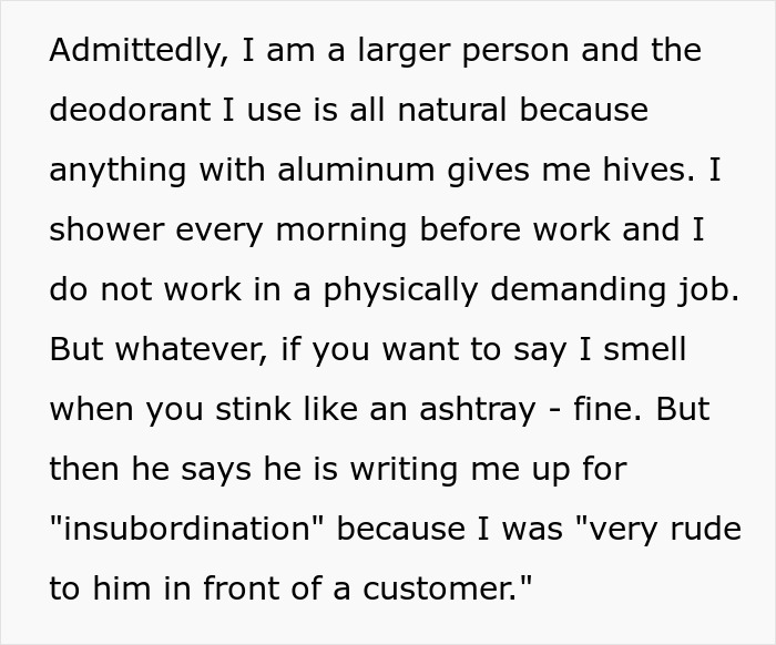 Boss Threatens Employee With A Write-Up After They Complained About Him Stinking Of Smoke