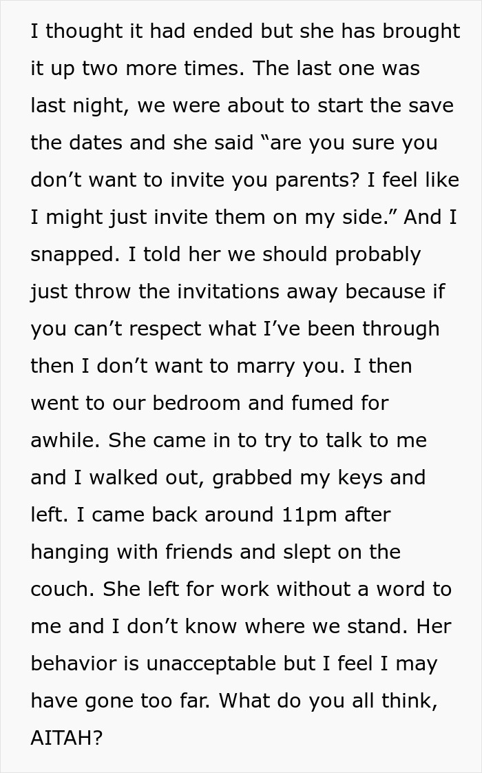 Man Is Livid After Fiancée Insists On Inviting His Toxic Parents, Threatens To Cancel Wedding