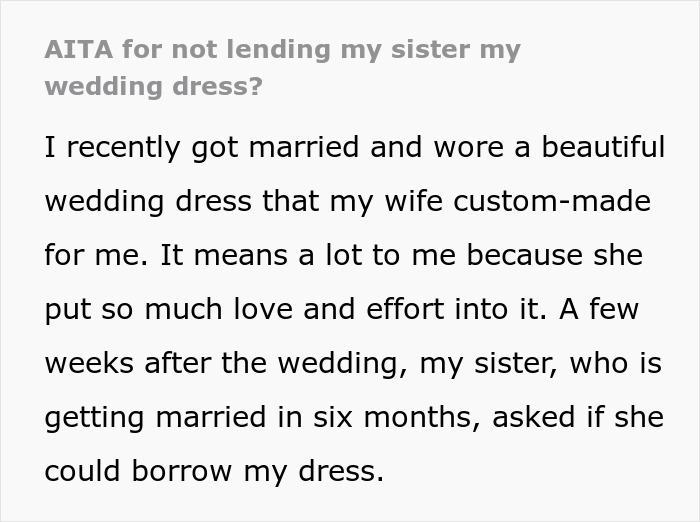 "Hide Your Dress, Please": Folks Shocked By Woman Demanding Sis Let Her Borrow Custom Wedding Dress 