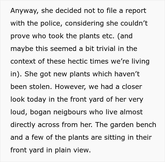 “We Called The Police”: Newcomer Discovers Her Bench And Plants Displayed In Neighbors’ Yard