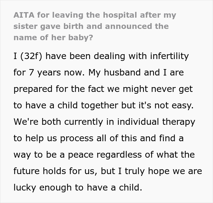 “AITA For Leaving The Hospital After My Sister Gave Birth And Announced The Name Of Her Baby?”