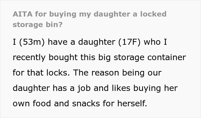 Daughter in Tears After Dad Buys Locked Storage Bin To Protect Her Snacks From Cousins