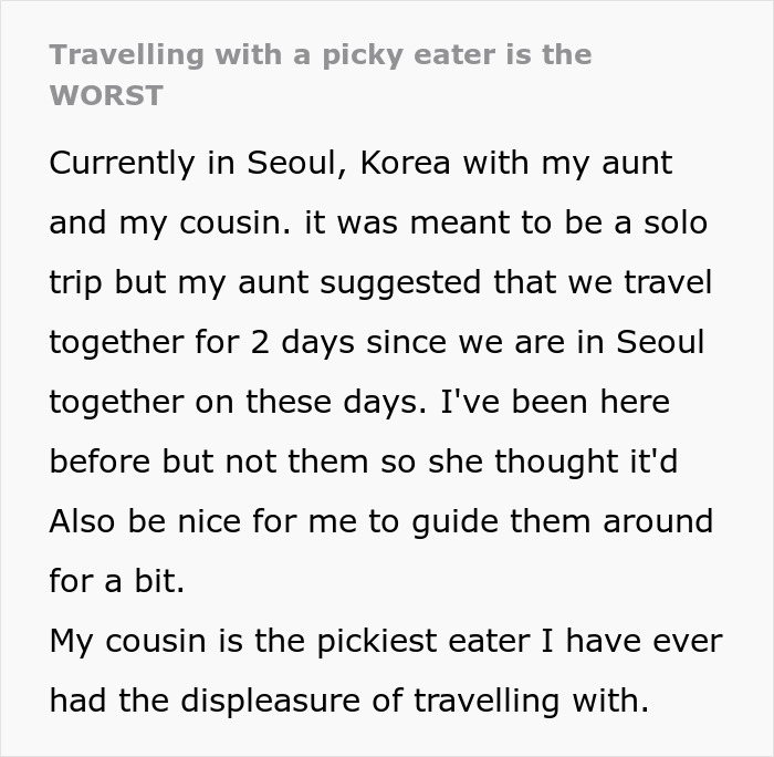 Family Vacation Turns Sour As Cousin Rejects Korean Food, Insults Dishes, And Sulks Through Meals