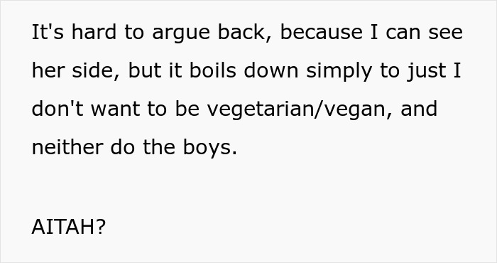 "AITA For Secretly Cheating On Our Vegetarian Diet That My Wife Made Our Family Do?"