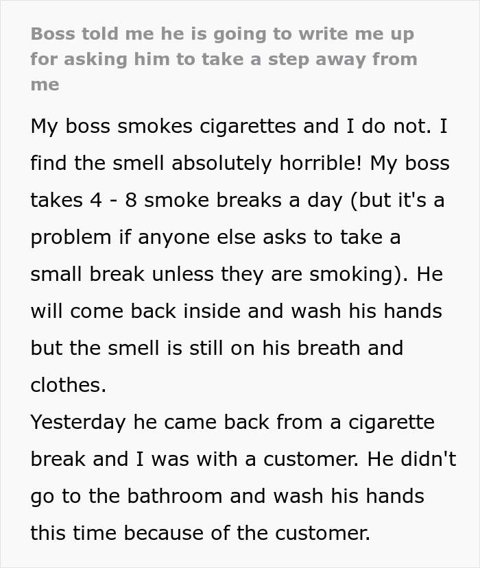 Boss Threatens Employee With A Write-Up After They Complained About Him Stinking Of Smoke