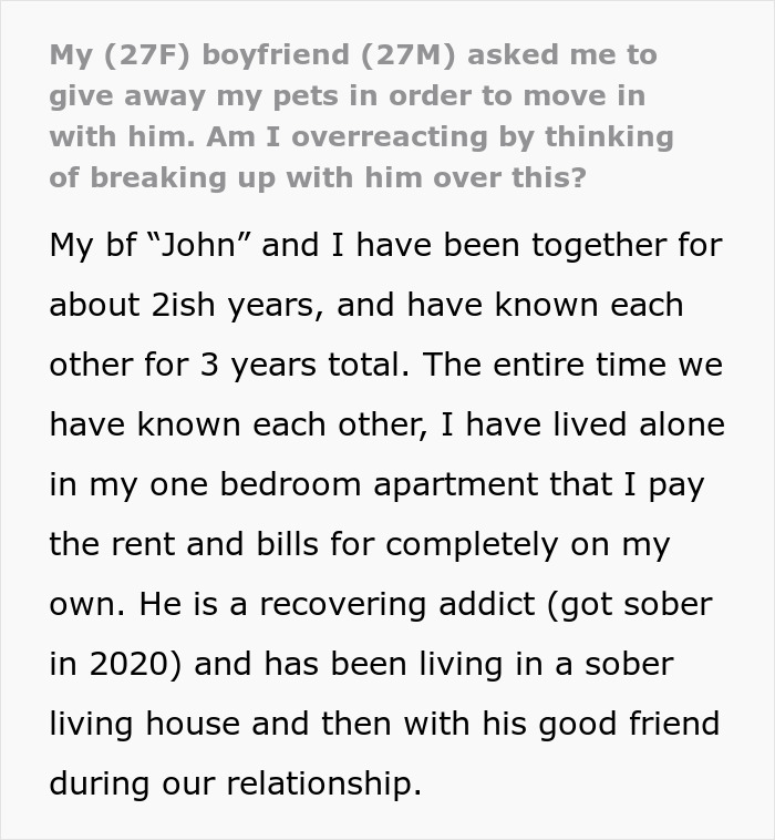 BF Expects GF To Give Away Her Pets To Move In With Him, She Considers Ending The Relationship