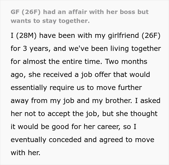 Man Learns GF Had Affair With Her Boss, She Begs To Stay Together, He Kicks Her Out