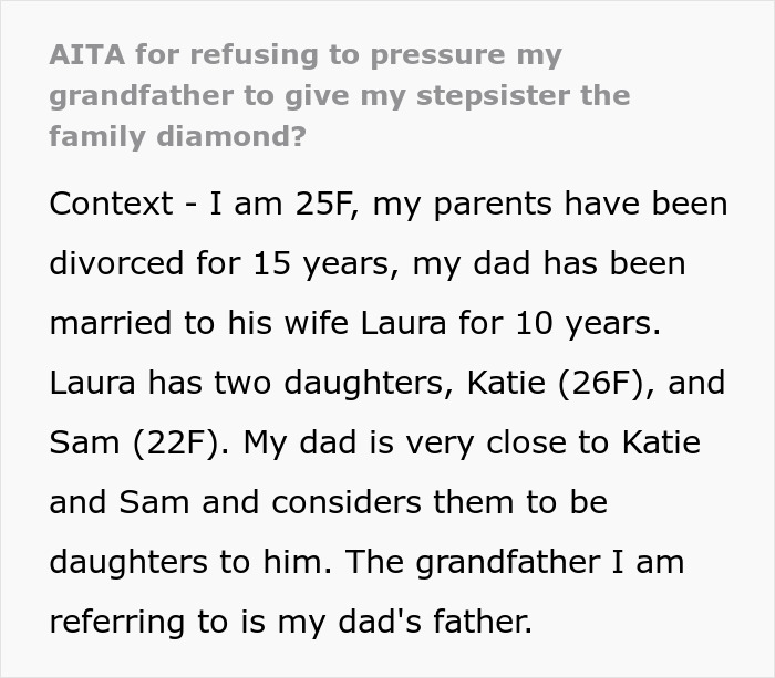 Bride-To-Be Wants Stepsister’s Heirloom Diamond For Engagement Ring, But Grandpa Says “No Way”