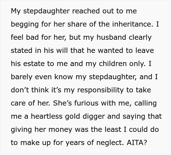 Woman Refuses To Give Her 'Stepdaughter' A Cut Of The Inheritance, Asks The Net For A Verdict