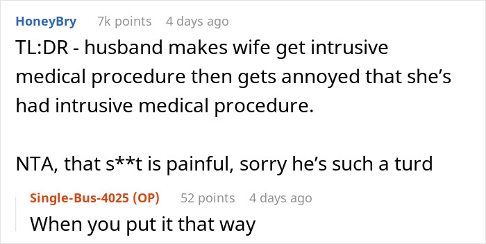 “AITAH For Being Mad At My Husband For His Behavior After I Got An IUD Inserted?”: Woman Gets A Wake-Up Call