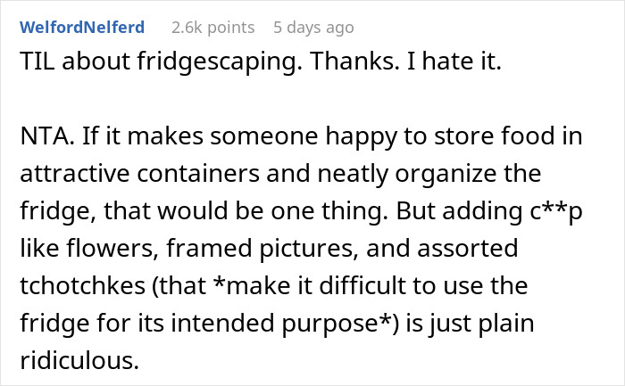 "AITA For Telling My Wife I Hate Her Fridgescaping?"