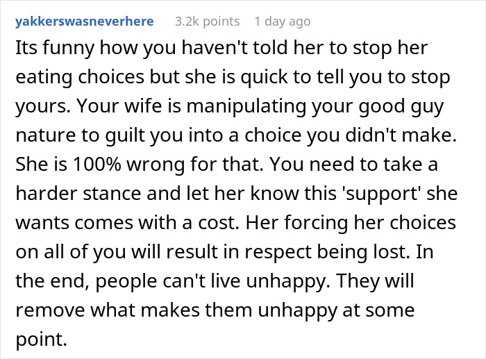 "AITA For Secretly Cheating On Our Vegetarian Diet That My Wife Made Our Family Do?"