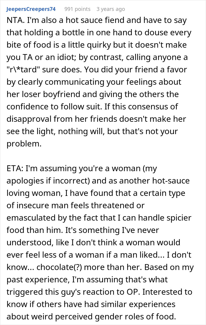 Woman Is Called An Idiot For Liking Hot Sauce By Her Friend’s BF, Harshly Tells Him Off And Leaves