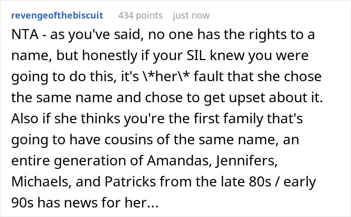 SIL Steals Woman's Favorite Baby Name, Is Livid When She Still Gives Her Baby The Same Name