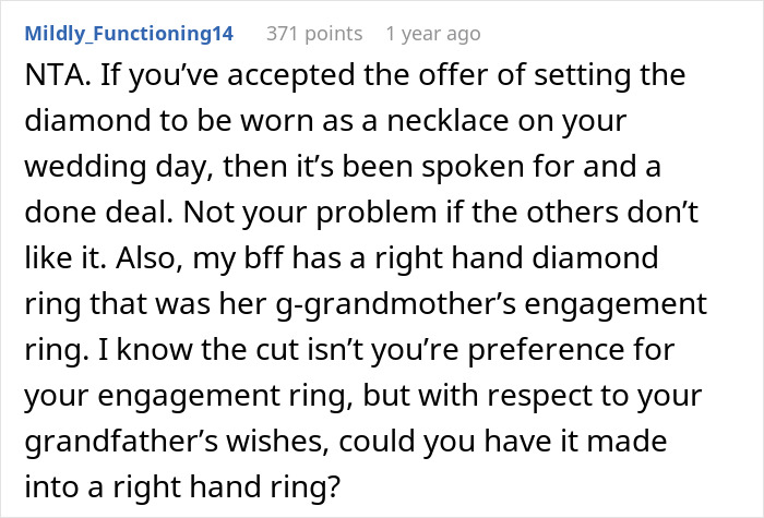 Bride-To-Be Wants Stepsister’s Heirloom Diamond For Engagement Ring, But Grandpa Says “No Way”