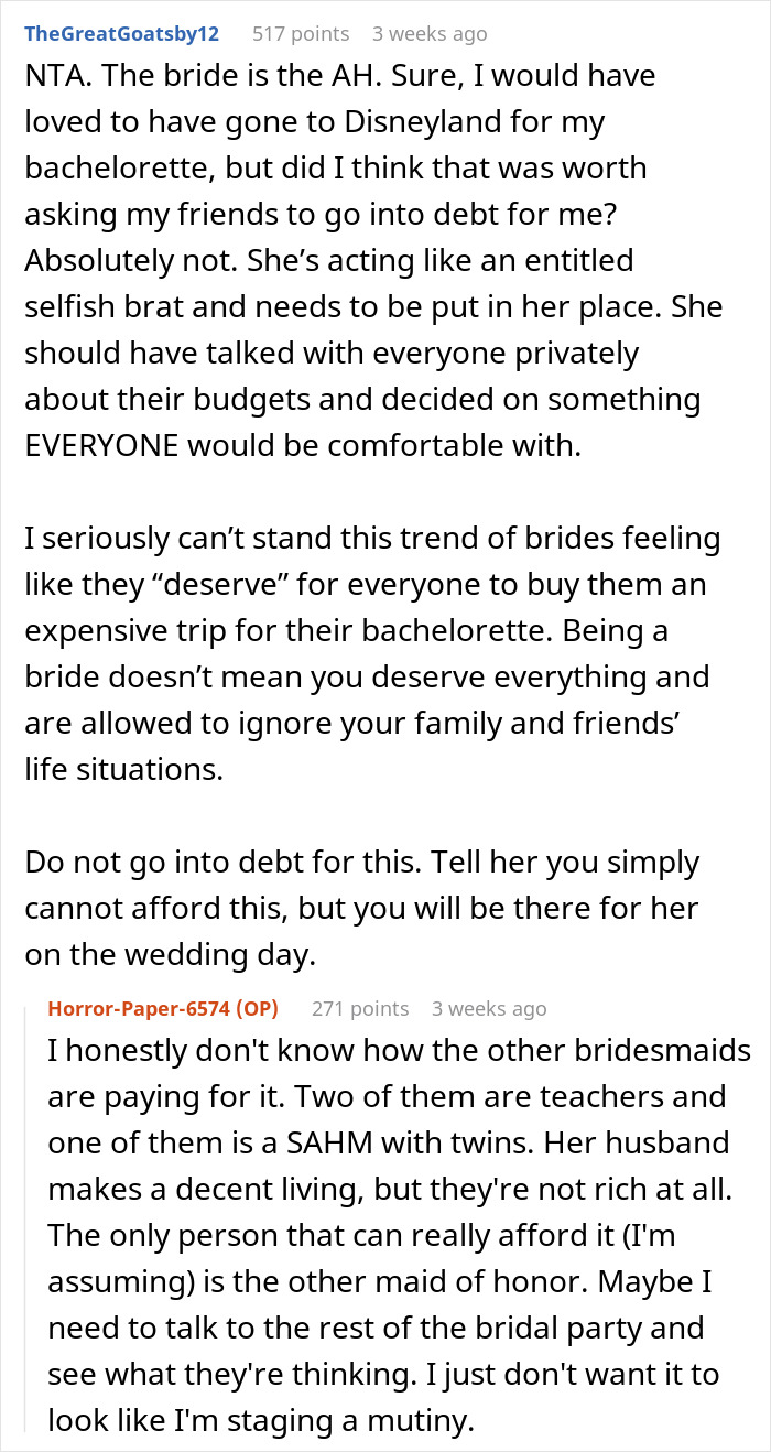 Bride Wants A 3-Day Destination Bachelorette Party At Disney, Loses It When MOH Backs Out