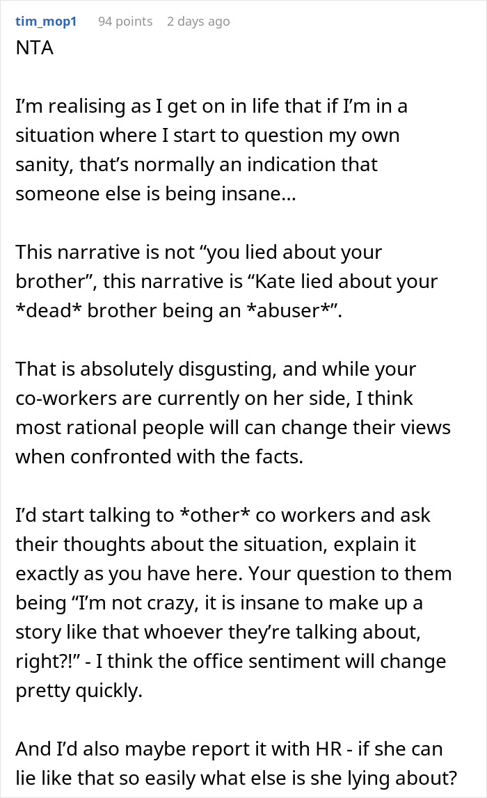 Woman Gets Bashed For Not Mentioning Her Brother Is Dead After Coworker Spread Rumors About Him