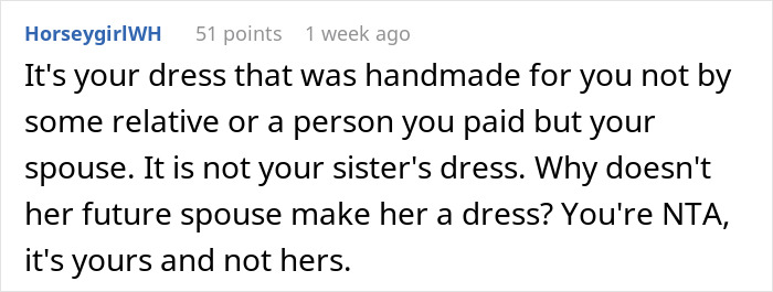 "Hide Your Dress, Please": Folks Shocked By Woman Demanding Sis Let Her Borrow Custom Wedding Dress 